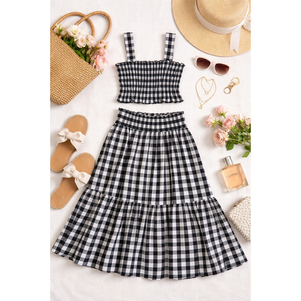 Senlis XS Gingham Two Piece Set Smocked Crop Top and Tiered Midi Skirt b/w
